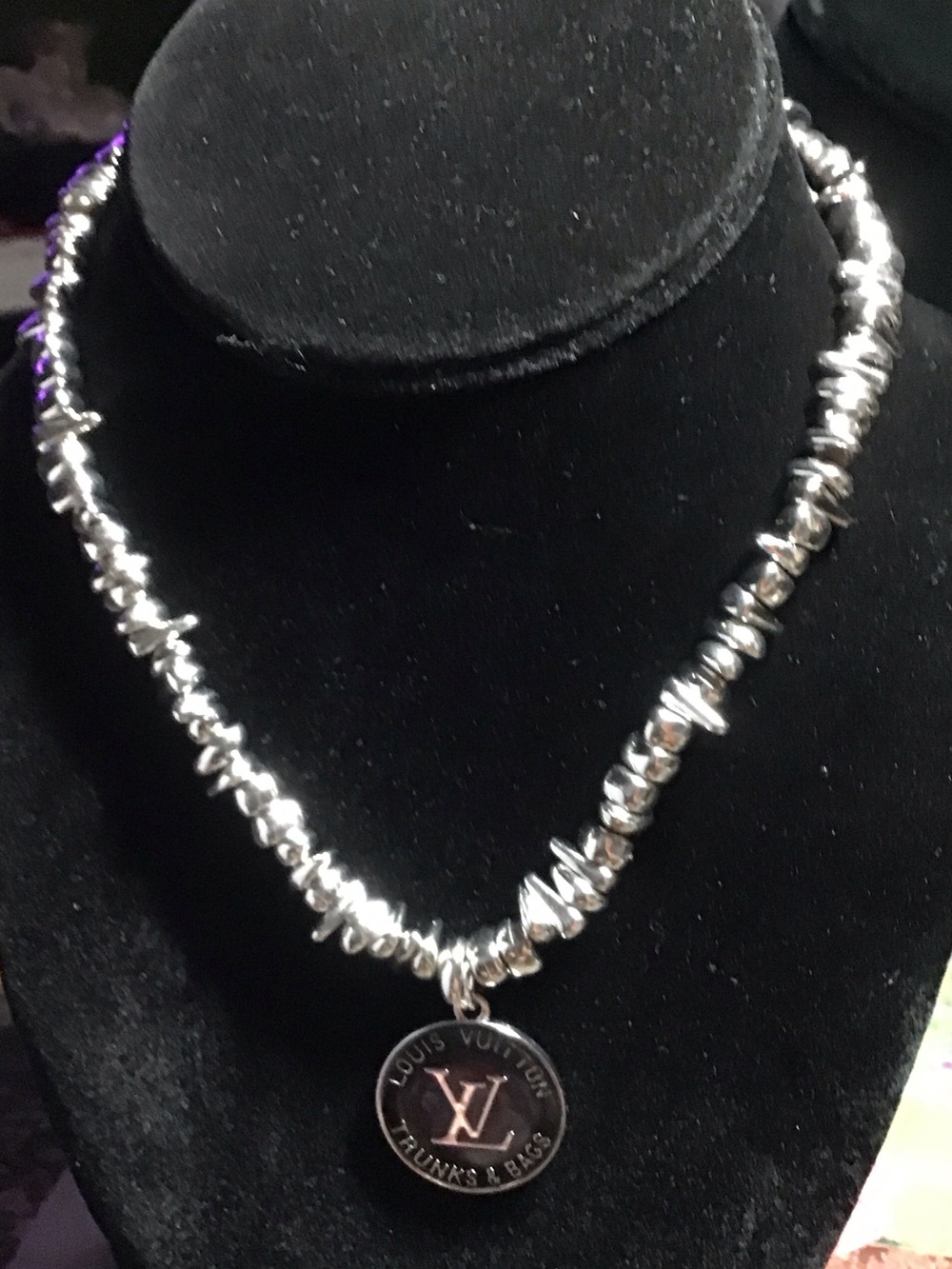 Silver Bead Necklace with LV Round Medallion
